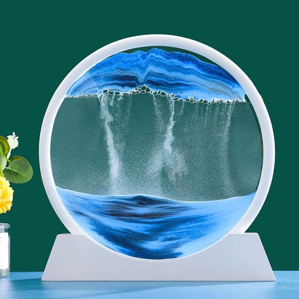Clepsidra Decorativa cu Nisip Miscator, Imagine 3D Dinamica si Efect Antistres, Peisaj Rotativ, Sticla si Acril, Rama Alba, 25x26.5 cm, Albastru