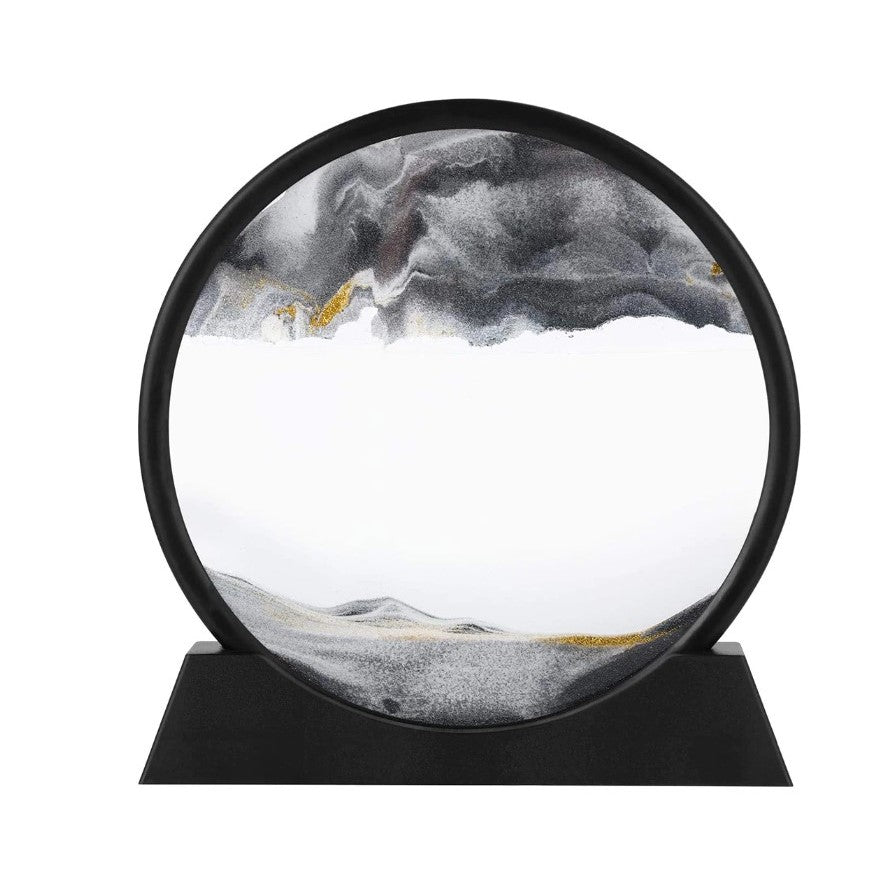 Clepsidra Decorativa cu Nisip Miscator, Imagine 3D Dinamica, Efect Antistres pentru Birou, Sticla si Acril, Cadru Negru, 25x26.5 cm, Gri