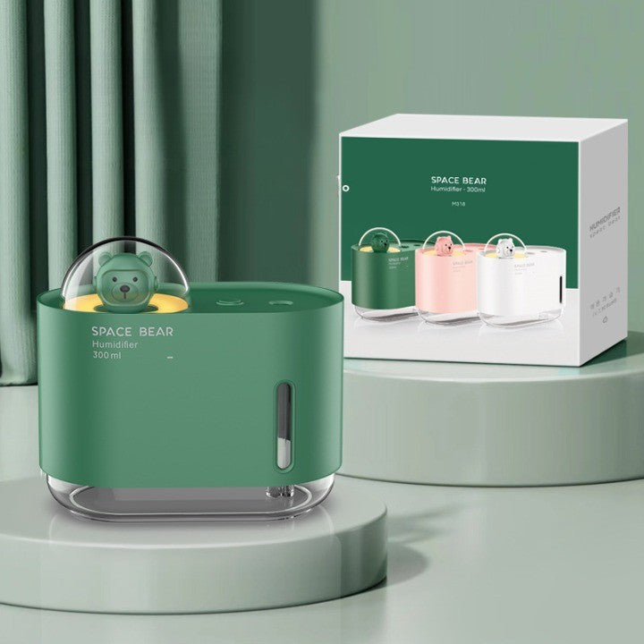Umidificator de Aer si Difuzor de Arome Ursulet Spatial, Tehnologie Ultrasunete Silentioasa sub 28 dB, Lumini LED Colorate, Alimentare USB, Rezervor 300 ml, Verde
