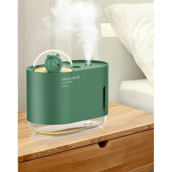 Umidificator de Aer si Difuzor de Arome Ursulet Spatial, Tehnologie Ultrasunete Silentioasa sub 28 dB, Lumini LED Colorate, Alimentare USB, Rezervor 300 ml, Verde