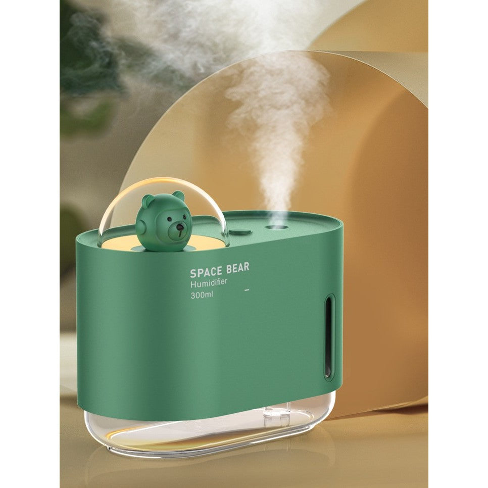 Umidificator de Aer si Difuzor de Arome Ursulet Spatial, Tehnologie Ultrasunete Silentioasa sub 28 dB, Lumini LED Colorate, Alimentare USB, Rezervor 300 ml, Verde