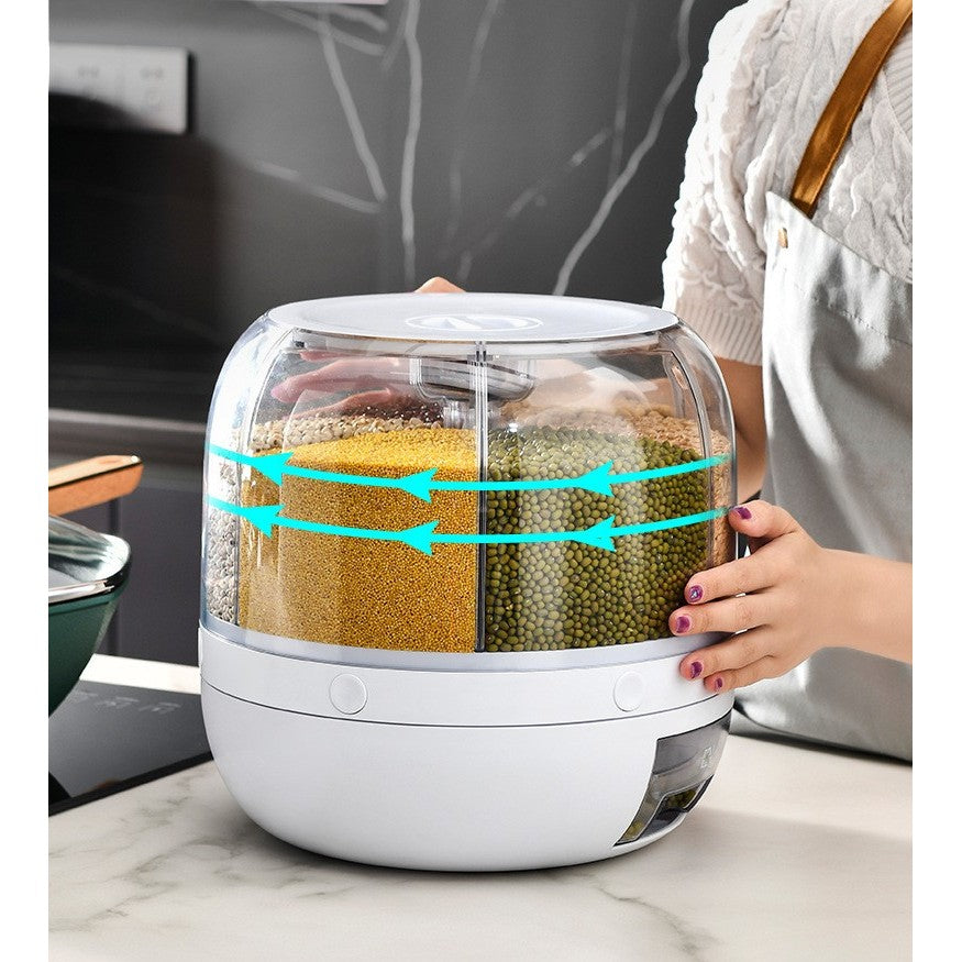 Dozator De Cereale Rotativ 360 Grade, Dispenser Pentru Alimente Uscate Cu 6 Compartimente, Inchidere Etansa, Plastic Transparent, Capacitate 3 L, Alb