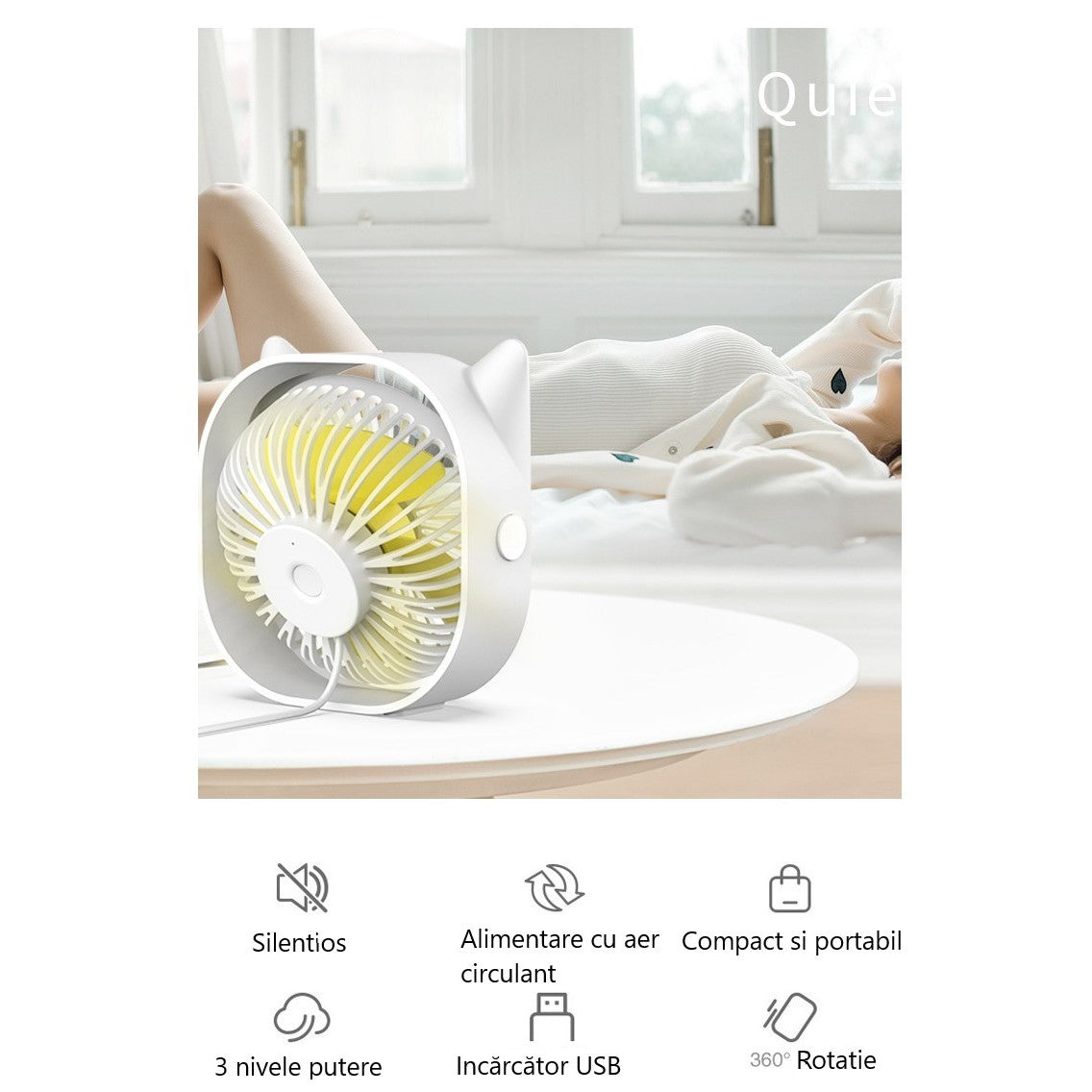 Mini Ventilator Portabil pentru Birou, Alimentare USB, Rotire 360 Grade, 3 Viteze, Silentios, Design Urechi de Pisica, Material ABS, 13.5 x 12.8 cm, Alb