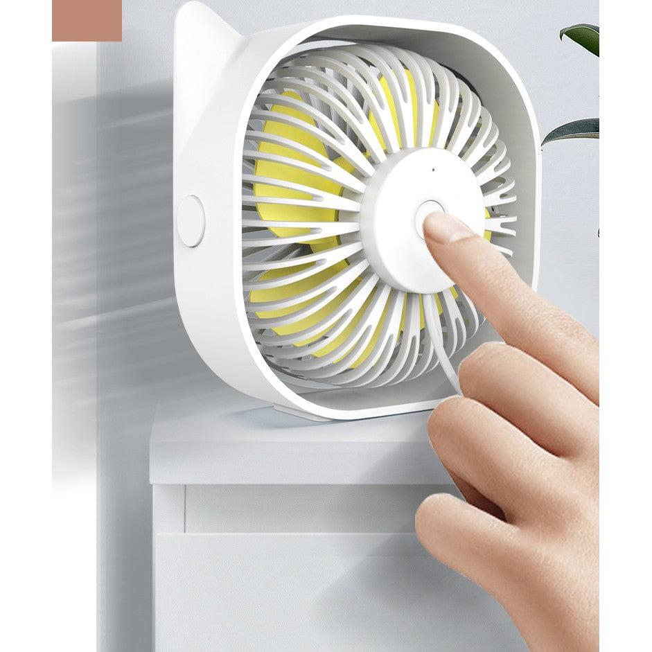 Mini Ventilator Portabil pentru Birou, Alimentare USB, Rotire 360 Grade, 3 Viteze, Silentios, Design Urechi de Pisica, Material ABS, 13.5 x 12.8 cm, Alb