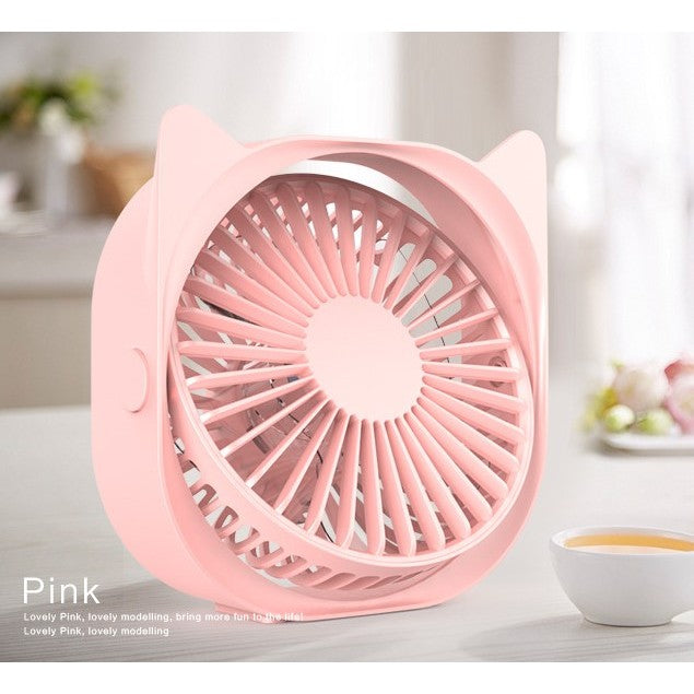 Mini Ventilator de Birou Portabil, USB, Silentios cu 3 Viteze, Rotire 360 Grade, Design Urechi de Pisica, Material ABS, 13.5 x 12.8 cm, Roz