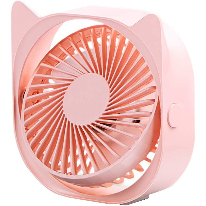 Mini Ventilator de Birou Portabil, USB, Silentios cu 3 Viteze, Rotire 360 Grade, Design Urechi de Pisica, Material ABS, 13.5 x 12.8 cm, Roz