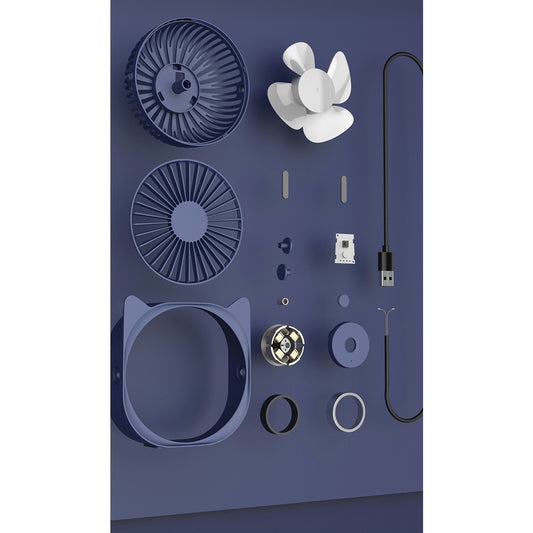 Mini Ventilator de Birou Portabil cu USB, Rotire 360 Grade, Design Urechi de Pisica, Motor Silentios Fara Perii, 3 Viteze, ABS, 13.5 x 12.8 cm, Albastru