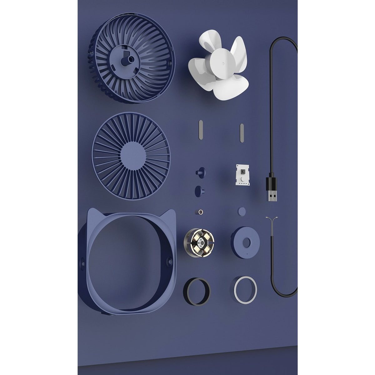 Mini Ventilator de Birou Portabil cu USB, Rotire 360 Grade, Design Urechi de Pisica, Motor Silentios Fara Perii, 3 Viteze, ABS, 13.5 x 12.8 cm, Albastru