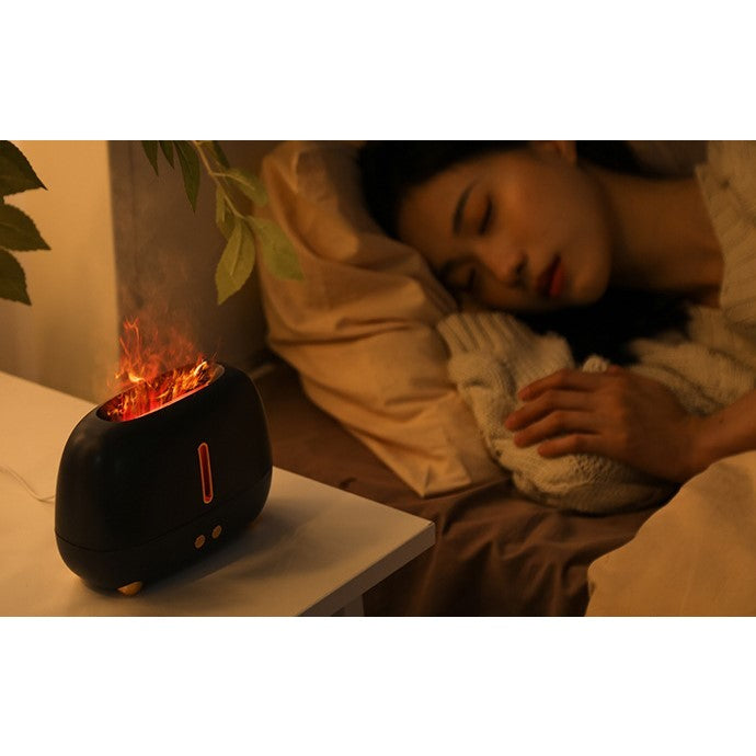 Umidificator Cu Ultrasunete Si Difuzor Aromaterapie, Efect Flacara Realist, 7 Culori LED, Oprire Automata, Silentios, USB-C, 250 ml, Negru