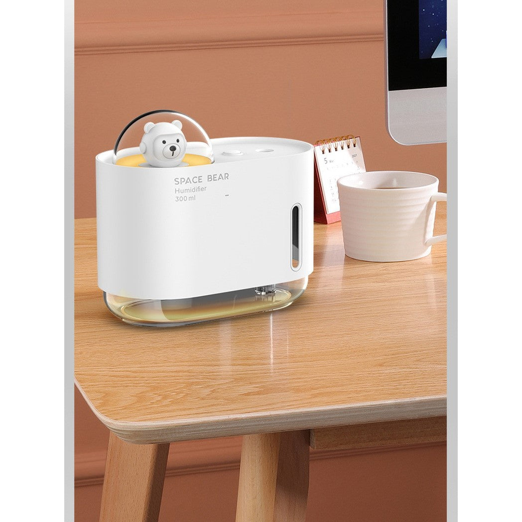 Umidificator de Aer si Difuzor de Aroma pentru Copii, Model Ursulet Spatial, Tehnologie Ultrasonica Silentioasa 28dB, Rezervor 300 ml, Iluminare LED Colorata, Alimentare USB, Alb