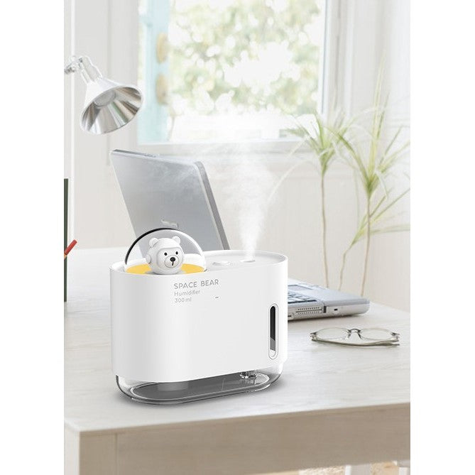 Umidificator de Aer si Difuzor de Aroma pentru Copii, Model Ursulet Spatial, Tehnologie Ultrasonica Silentioasa 28dB, Rezervor 300 ml, Iluminare LED Colorata, Alimentare USB, Alb