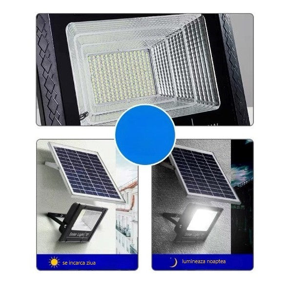 Proiector LED Solar de Exterior, Lampa Solara 150 W cu 248 LED SMD, Protectie IP67, Senzor Lumina si Telecomanda, Carcasa ABS, 22 cm x 27 cm, Lumina Rece