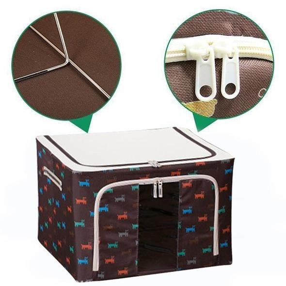Cutie de Depozitare Pliabila cu Cadru Metalic, Organizator Haine si Jucarii, 2 Usi cu Fermoar si Fereastra, Panza Oxford 600D, 24 L, 40x30x20 cm, Imprimeu Catelus, Maro/Bej