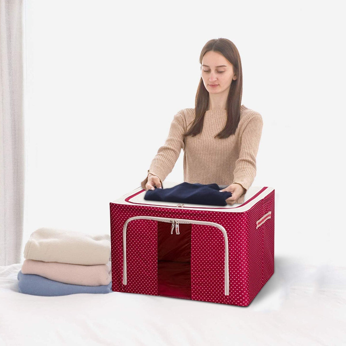 Cutie de Depozitare Pliabila, Organizator Haine cu Cadru Metalic si Fereastra Frontala, Panza Oxford 600D, 2 Usi cu Fermoar Bidirectional, 24 L, 40x30x20 cm, Rosu cu Buline