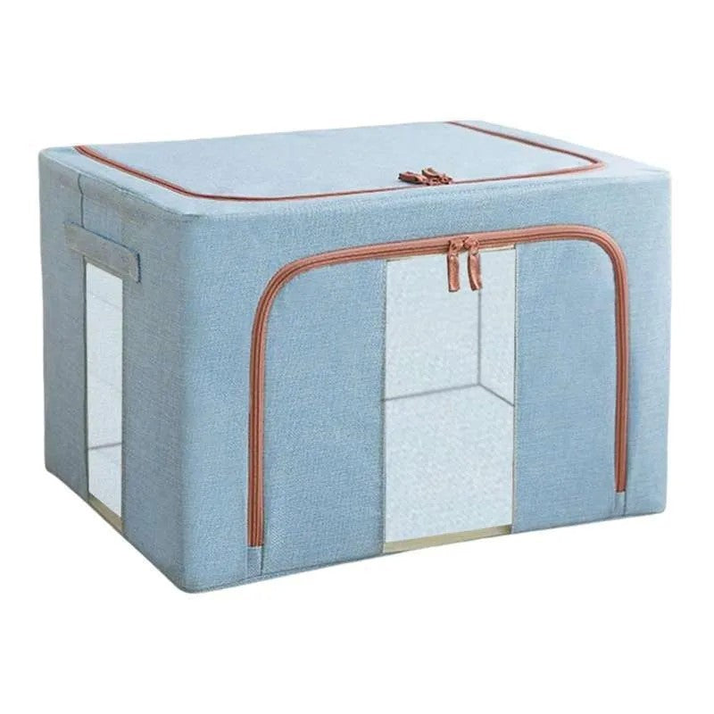 Cutie Depozitare Pliabila cu Fermoar si Ferestre, Organizator Haine si Jucarii, Cadru Metalic, Bumbac si In, 66 L, 50x40x33 cm, Bleu