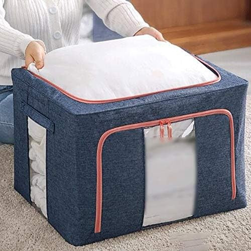 Cutie Depozitare Pliabila pentru Haine si Jucarii, Organizator cu Fermoar si Cadru Metalic, Material Textil cu 2 Ferestre Transparente, 66 L, 50x40x33 cm, Albastru Marin