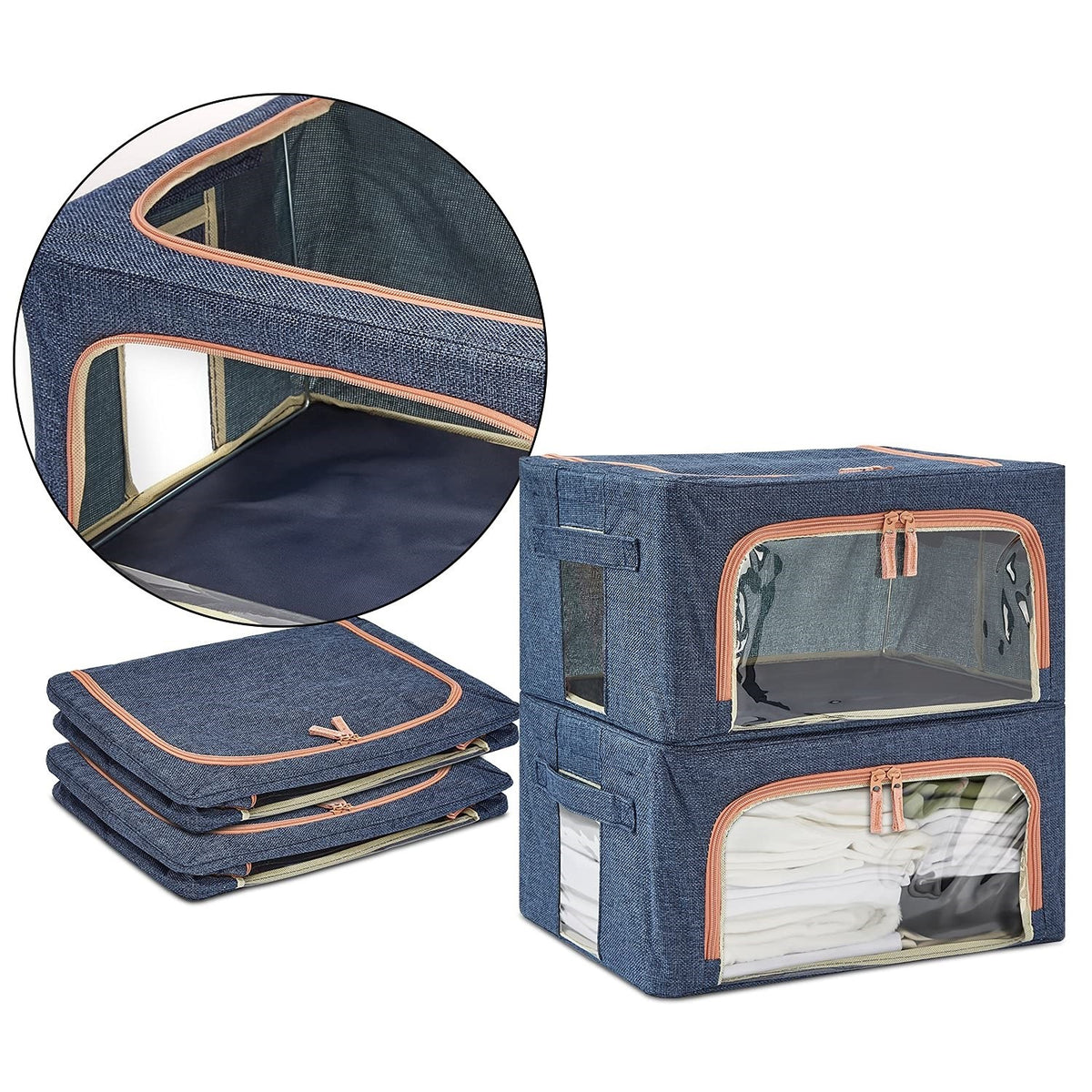 Cutie Depozitare Pliabila pentru Haine si Jucarii, Organizator cu Fermoar si Cadru Metalic, Material Textil cu 2 Ferestre Transparente, 66 L, 50x40x33 cm, Albastru Marin