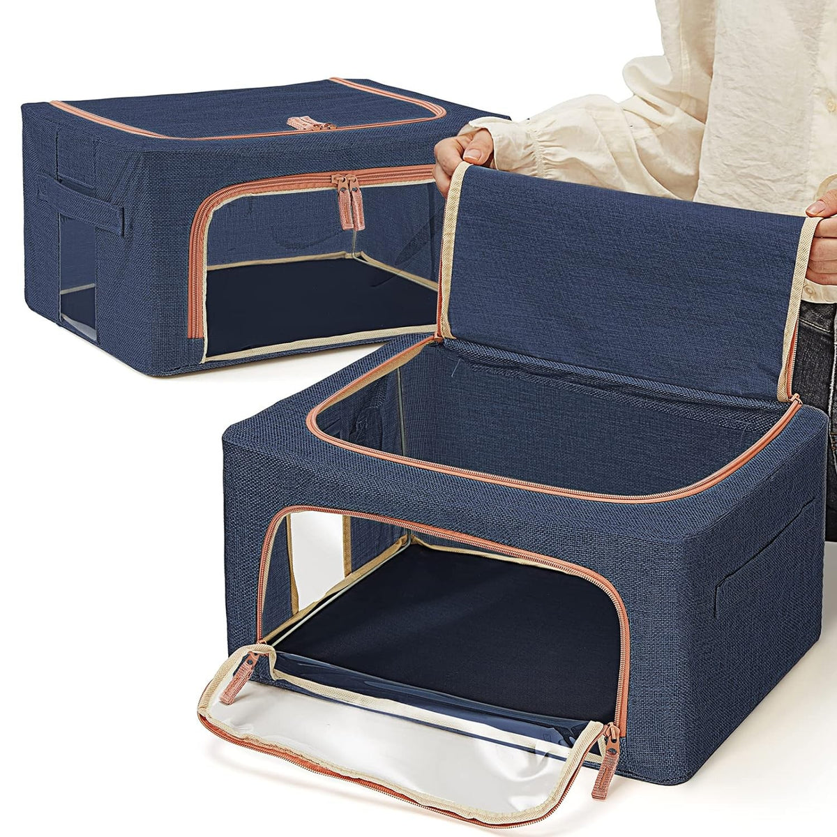 Cutie Depozitare Pliabila pentru Haine si Jucarii, Organizator cu Fermoar si Cadru Metalic, Material Textil cu 2 Ferestre Transparente, 66 L, 50x40x33 cm, Albastru Marin
