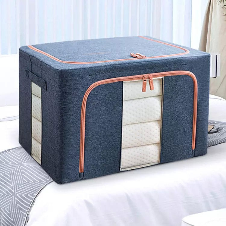 Cutie Depozitare Pliabila pentru Haine si Jucarii, Organizator cu Fermoar si Cadru Metalic, Material Textil cu 2 Ferestre Transparente, 66 L, 50x40x33 cm, Albastru Marin