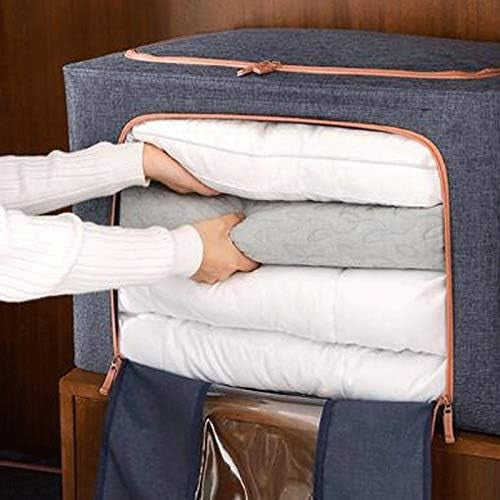 Cutie Depozitare Pliabila pentru Haine si Jucarii, Organizator cu Fermoar si Cadru Metalic, Material Textil cu 2 Ferestre Transparente, 66 L, 50x40x33 cm, Albastru Marin