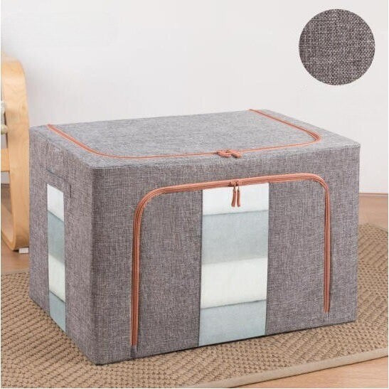Cutie Depozitare Pliabila Pentru Haine si Jucarii, Cadru Metalic, Inchidere cu Fermoar si 2 Ferestre, Material Textil Bumbac si In, 66 L, 50x40x33 cm, Gri