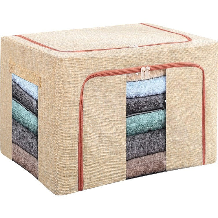 Cutie Depozitare Pliabila pentru Haine si Lenjerie, Cadru Metalic si 2 Ferestre Vizionare, Bumbac si In Impermeabil, 66 L, 50x40x33 cm, Bej