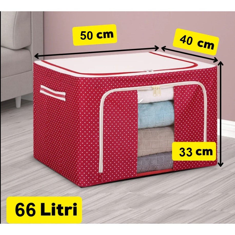 Cutie de Depozitare Pliabila, Organizator Haine si Jucarii cu Cadru Metalic, Tesatura Oxford 600D, 2 Usi cu Fermoar si Fereastra, 66 L, 50x40x33 cm, Rosu cu Buline