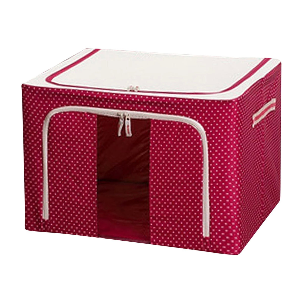Cutie de Depozitare Pliabila, Organizator Haine si Jucarii cu Cadru Metalic, Tesatura Oxford 600D, 2 Usi cu Fermoar si Fereastra, 66 L, 50x40x33 cm, Rosu cu Buline