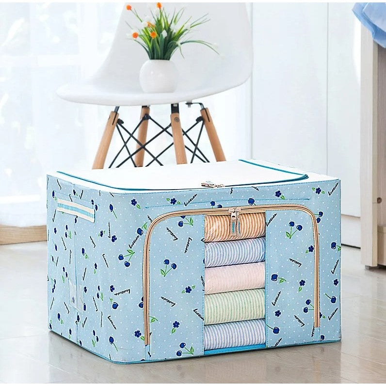 Cutie de Depozitare Pliabila, Organizator Haine si Jucarii cu Cadru Metalic si Fereastra Frontala, Tesatura Oxford 600D, 2 Usi cu Fermoar Bidirectional, 66 L, 50x40x33 cm, Imprimeu Cirese, Albastru