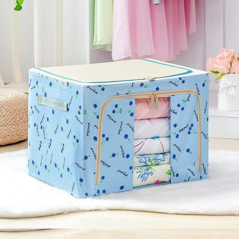Cutie de Depozitare Pliabila, Organizator Haine si Jucarii cu Cadru Metalic si Fereastra Frontala, Tesatura Oxford 600D, 2 Usi cu Fermoar Bidirectional, 66 L, 50x40x33 cm, Imprimeu Cirese, Albastru