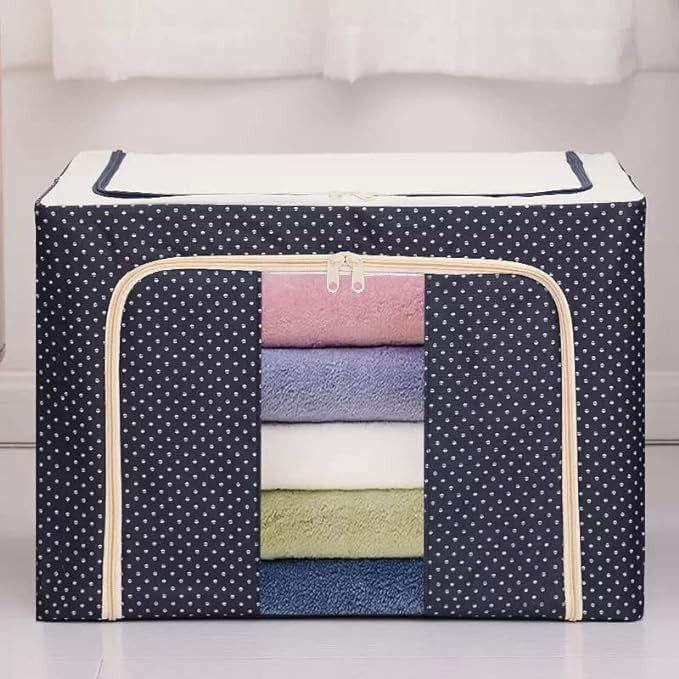 Cutie de Depozitare Pliabila cu Cadru Metalic, Organizator Haine si Jucarii, Panza Oxford 600D, 2 Ferestre si Fermoar Bidirectional, 66 L, 50x40x33 cm, Albastru cu Buline