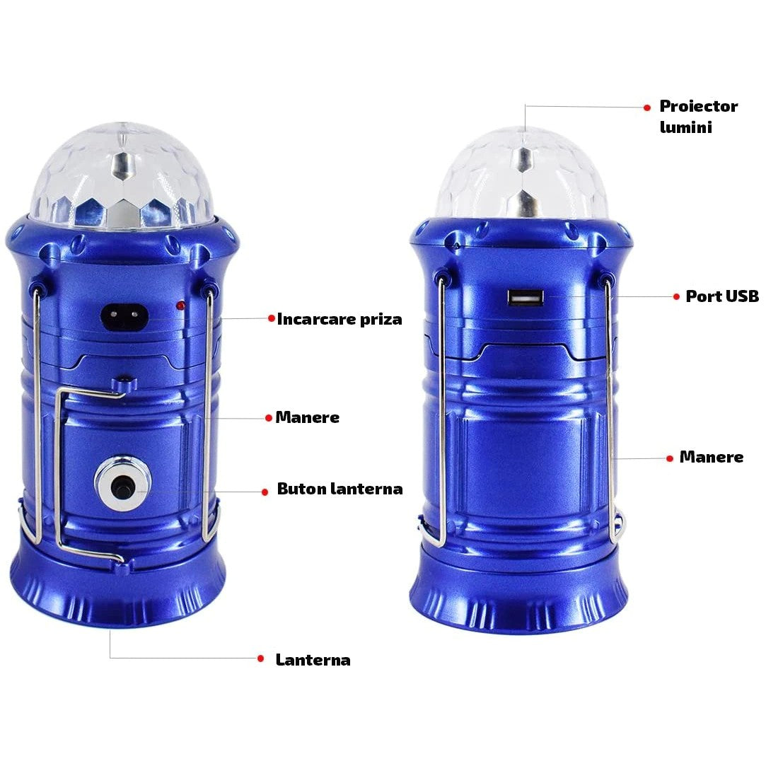 Magic Cool Lanternă Camping Pliabilă, Felinar Multifuncțional cu Proiecție Disc RGB și Încărcare USB, 6 LED, Acumulator 1200 mAh, ABS, Albastru