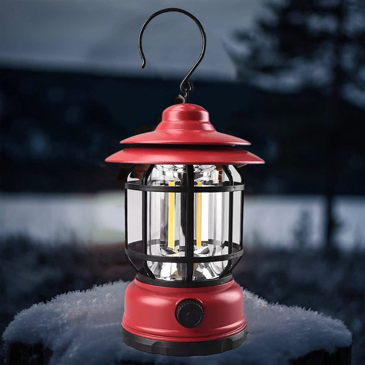 Lampa Portabila Camping, Felinar Vintage cu Carlig, Iluminare 21 COB LED, Intensitate Reglabila 20-200 Lumeni, Autonomie 6 Ore, Material ABS si PS, Rosu