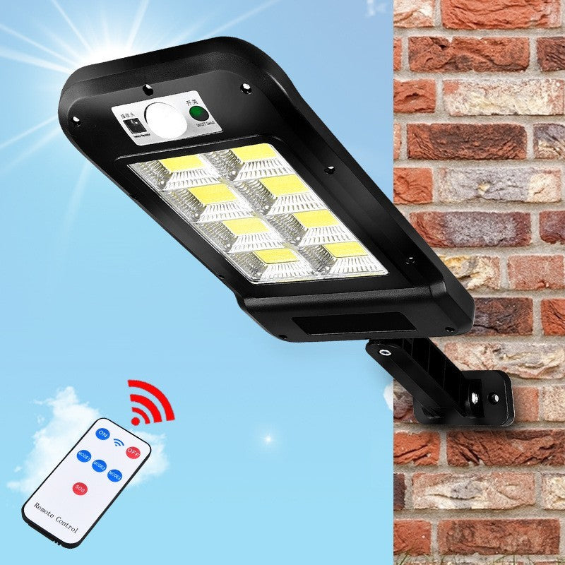 Lampa Solara de Exterior LED cu Senzor de Miscare si Lumina, 120 COB, 2880 Lumeni, 24W, IP65, 3 Moduri de Iluminare, Telecomanda, ABS, 37 x 11.5 cm, Alb Rece