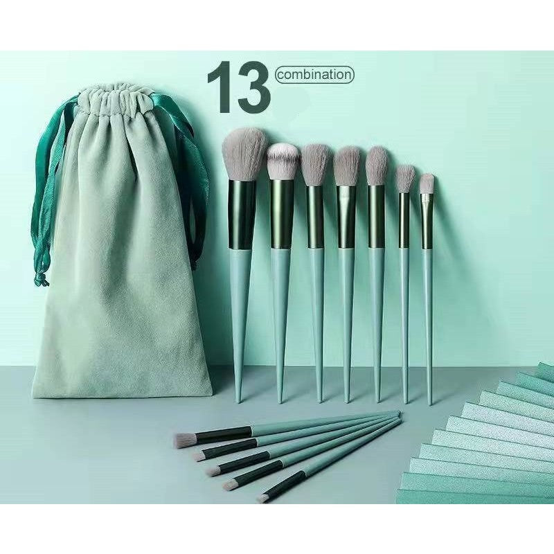 Set 13 Pensule Machiaj Profesionale, Kit Complet pentru Fond de Ten, Contur si Fard Pleoape, Fibre Ultra-Fine Super Soft, Maner Ergonomic, Verde