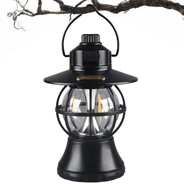 Lampă Camping Retro, Felinar Vintage LED Portabil, 3 Moduri de Iluminare, Rezistent la Apă, Acumulator 1200 mAh, Reîncărcabilă USB, ABS și Metal, 20 cm, Negru