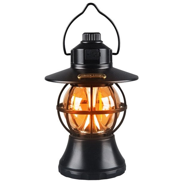 Lampă Camping Retro, Felinar Vintage LED Portabil, 3 Moduri de Iluminare, Rezistent la Apă, Acumulator 1200 mAh, Reîncărcabilă USB, ABS și Metal, 20 cm, Negru