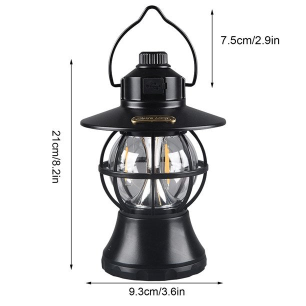 Lampă Camping Retro, Felinar Vintage LED Portabil, 3 Moduri de Iluminare, Rezistent la Apă, Acumulator 1200 mAh, Reîncărcabilă USB, ABS și Metal, 20 cm, Negru