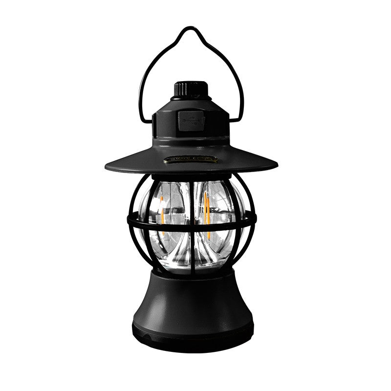 Lampă Camping Retro, Felinar Vintage LED Portabil, 3 Moduri de Iluminare, Rezistent la Apă, Acumulator 1200 mAh, Reîncărcabilă USB, ABS și Metal, 20 cm, Negru