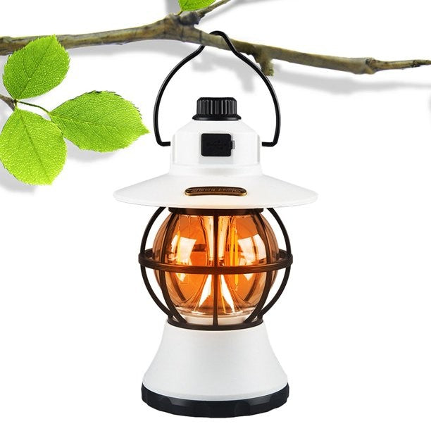Lampă de Camping Retro, Felinar Vintage LED cu 3 Moduri de Iluminare, Intensitate Reglabilă, Acumulator 1200 mAh Reîncărcabil prin USB, Material ABS și Metal, IPX4 Impermeabil, Înălțime 20 cm, Alb