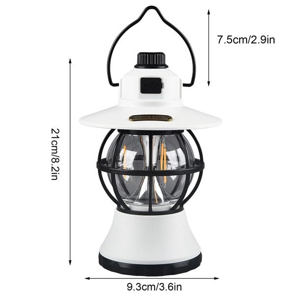 Lampă de Camping Retro, Felinar Vintage LED cu 3 Moduri de Iluminare, Intensitate Reglabilă, Acumulator 1200 mAh Reîncărcabil prin USB, Material ABS și Metal, IPX4 Impermeabil, Înălțime 20 cm, Alb