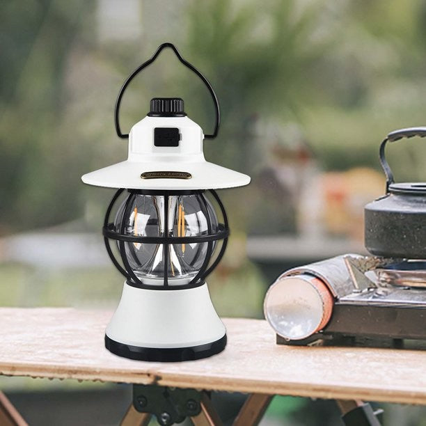 Lampă de Camping Retro, Felinar Vintage LED cu 3 Moduri de Iluminare, Intensitate Reglabilă, Acumulator 1200 mAh Reîncărcabil prin USB, Material ABS și Metal, IPX4 Impermeabil, Înălțime 20 cm, Alb