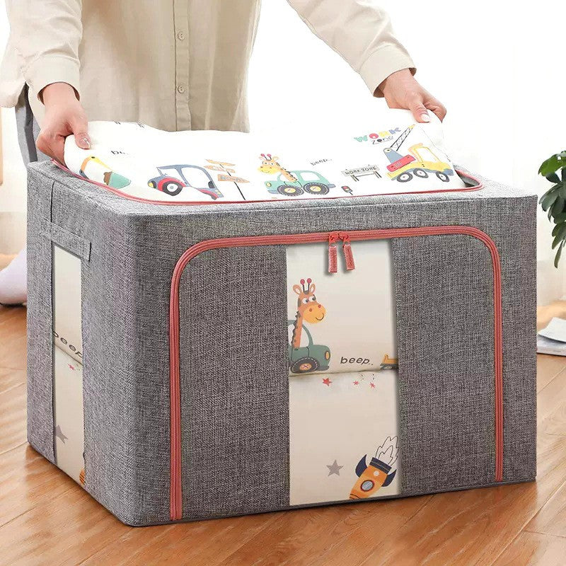 Cutie Depozitare Haine si Jucarii Pliabila, Organizator cu Fermoar si Cadru Metalic, 2 Ferestre Transparente, Material Textil Bumbac, Capacitate 100 L, Gri, 60x42x40 cm