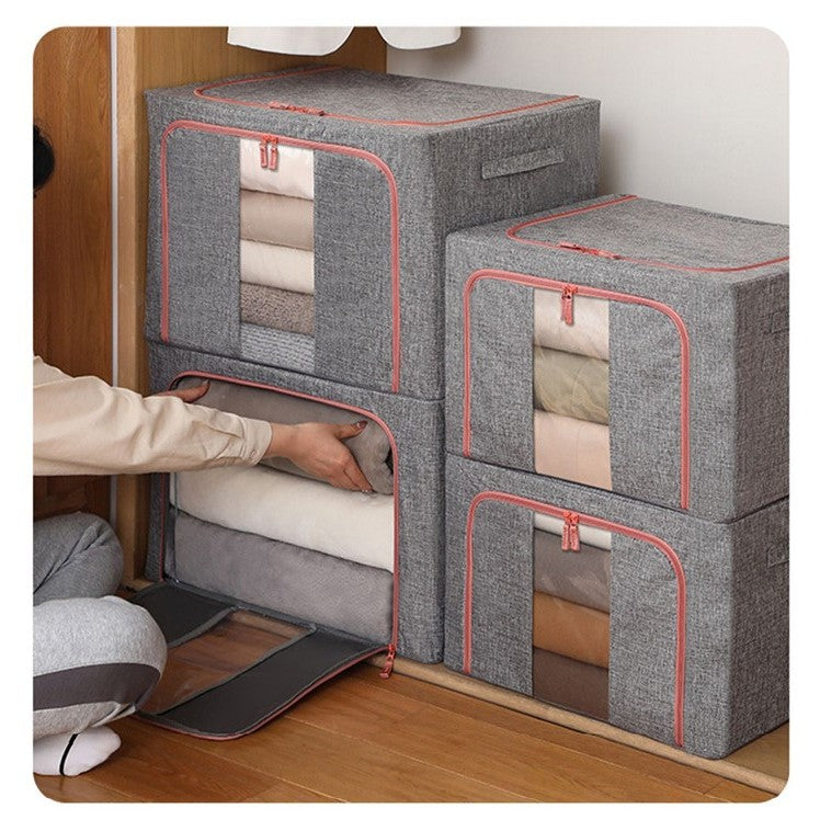 Cutie Depozitare Haine si Jucarii Pliabila, Organizator cu Fermoar si Cadru Metalic, 2 Ferestre Transparente, Material Textil Bumbac, Capacitate 100 L, Gri, 60x42x40 cm