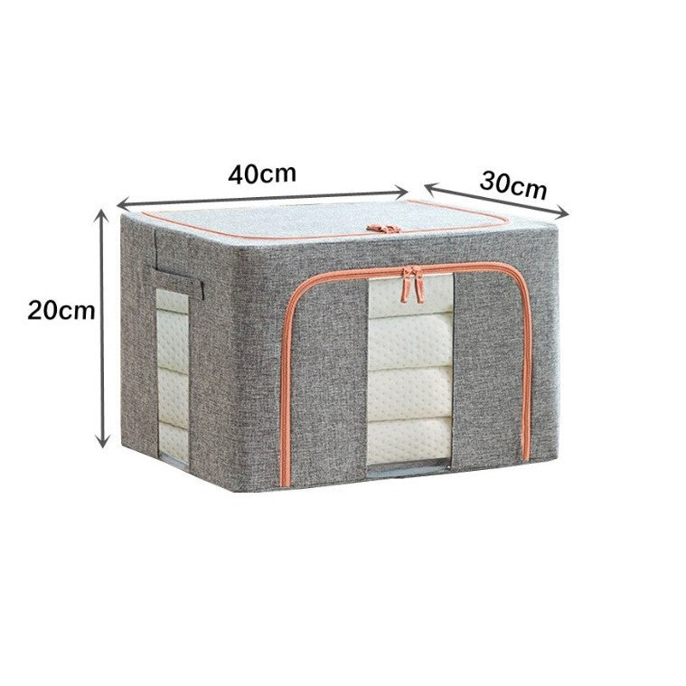 Cutie de Depozitare Pliabila, Organizator Haine si Jucarii cu Cadru Metalic, Material Impermeabil din Bumbac si In, 2 Ferestre si Fermoar Bidirectional, Gri, 24 L, 40x30x20 cm