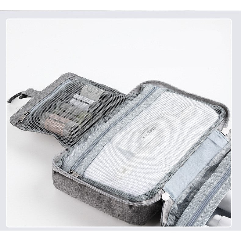 Geanta Cosmetice Voiaj Cu Carlig Pentru Agatare, Organizator Toaleta Impermeabil, 3 Compartimente, Material Textil Oxford, Gri, 12.5 x 9 x 22 cm