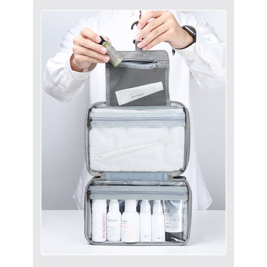 Geanta Cosmetice Voiaj Cu Carlig Pentru Agatare, Organizator Toaleta Impermeabil, 3 Compartimente, Material Textil Oxford, Gri, 12.5 x 9 x 22 cm