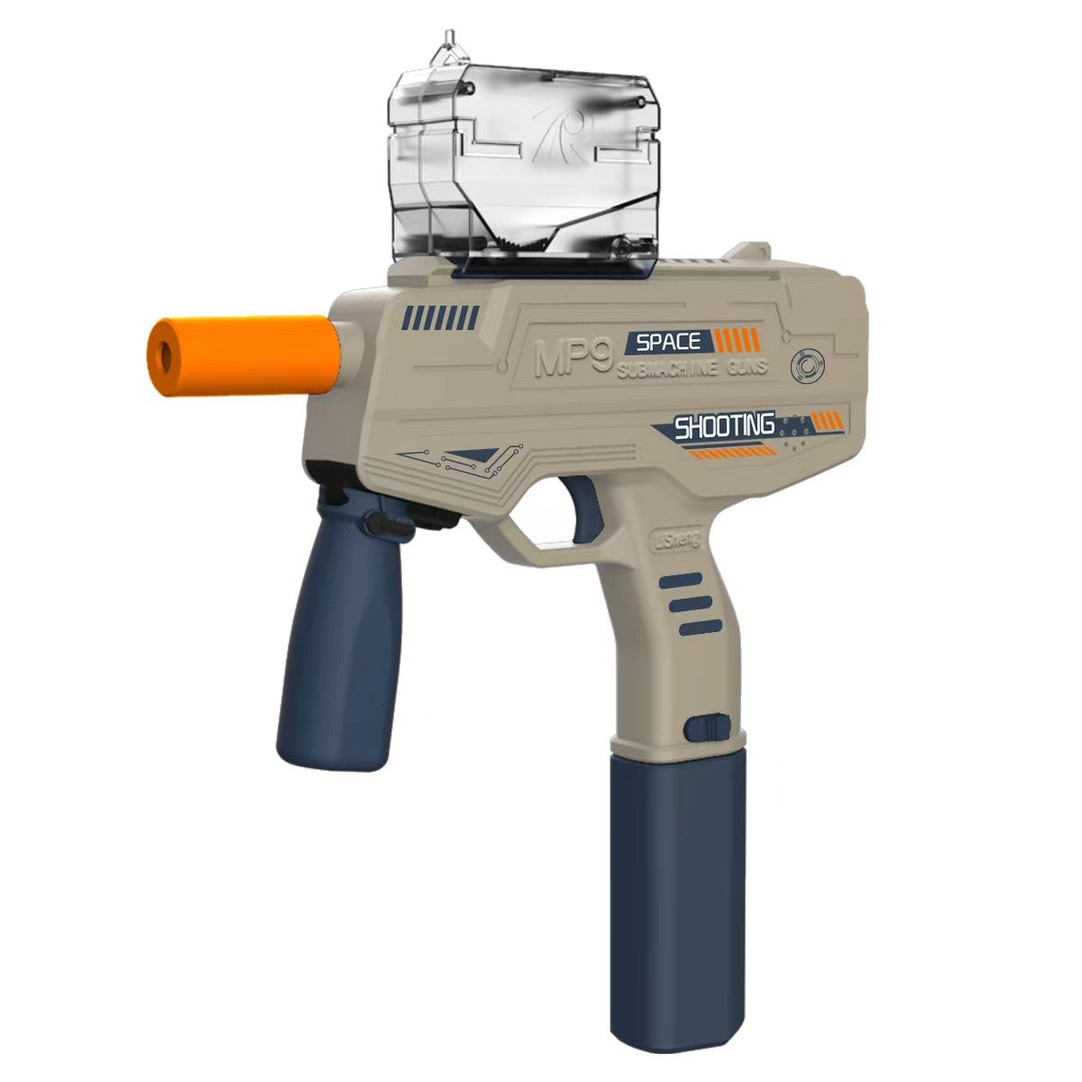 Mitraliera de Jucarie Electrica MP9, Pistol cu Bile de Gel Hidratate, Tragere Automata in Rafala, Plastic ABS, 5000 Bile Incluse, Ochelari de Protectie, Cablu USB, 40 cm, Crem