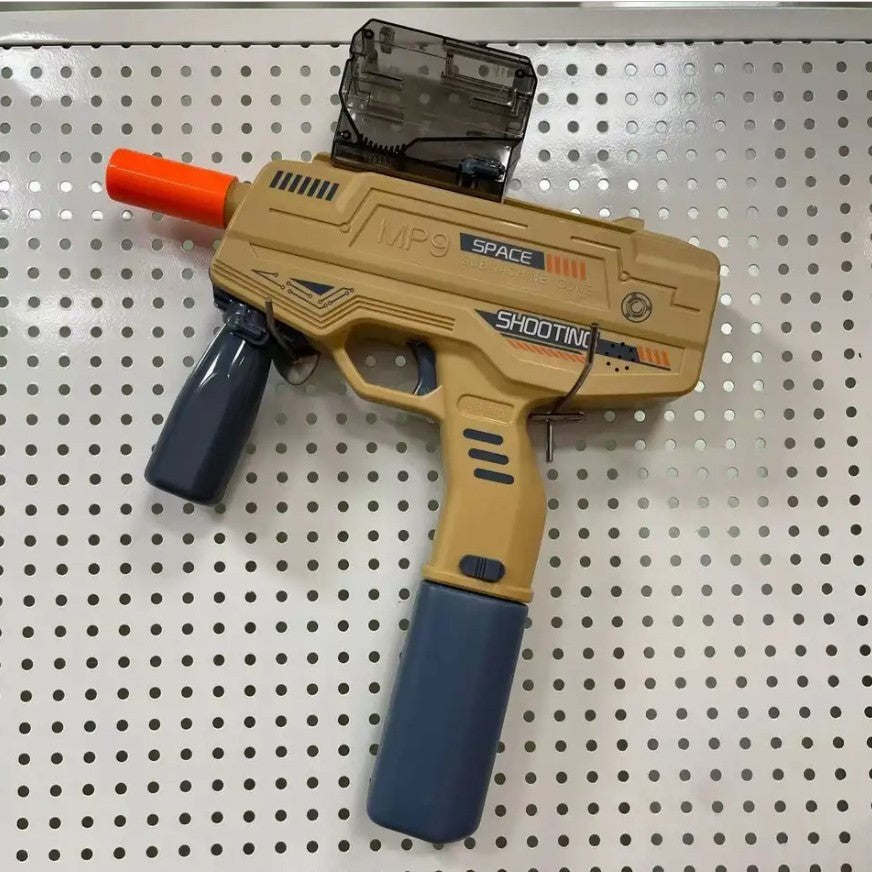 Mitraliera de Jucarie Electrica MP9, Pistol cu Bile de Gel Hidratate, Tragere Automata in Rafala, Plastic ABS, 5000 Bile Incluse, Ochelari de Protectie, Cablu USB, 40 cm, Crem