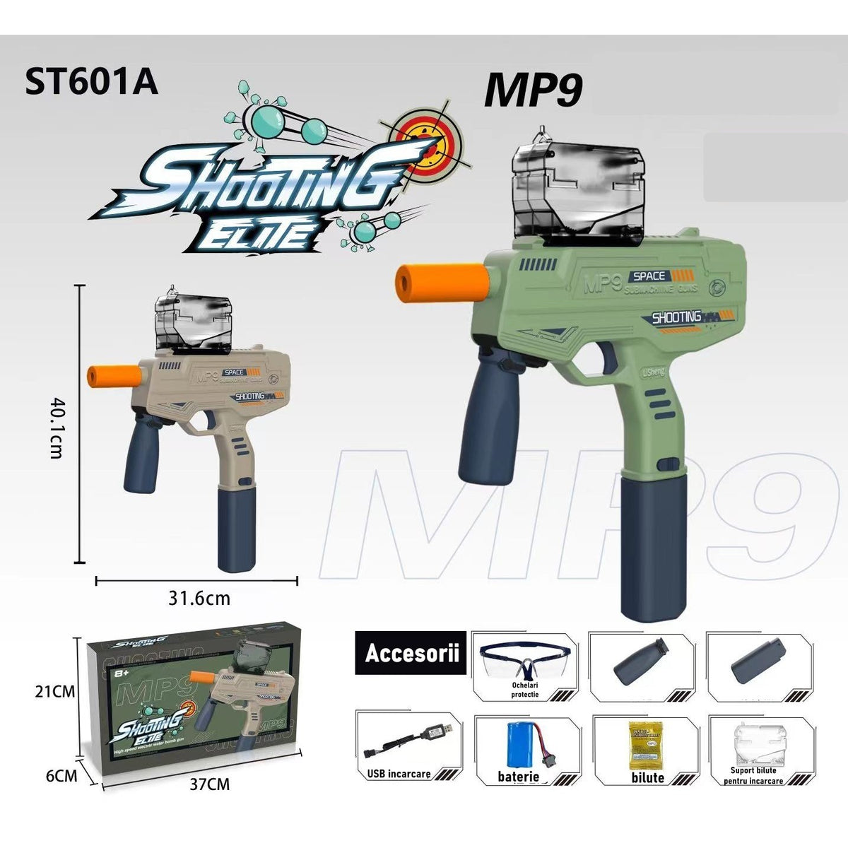Mitraliera de Jucarie Electrica MP9, Pistol cu Bile de Gel Hidratate, Tragere Automata in Rafala, Plastic ABS, 5000 Bile Incluse, Ochelari de Protectie, Cablu USB, 40 cm, Crem